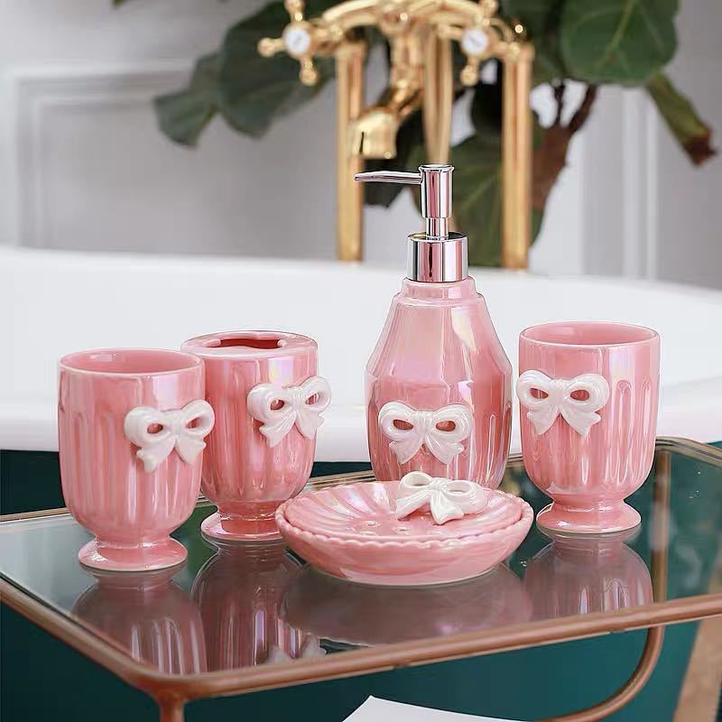 バスルームセット 5点セット ソープディスペンサー 歯ブラシスタンド 石鹸置き コップ 洗面用具．