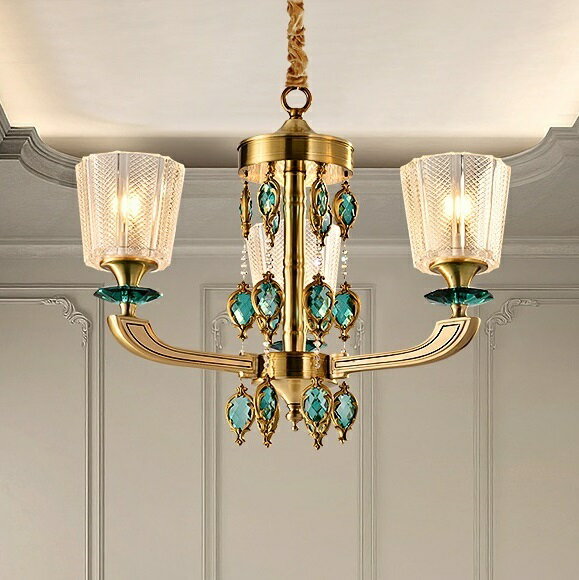 Ceiling Lights - 銅 水晶ガラス ペンダントライト 洋風照明 シャンデリア 北欧デザイン シーリングライト不可 天井照明 3灯 電源直結タイプ