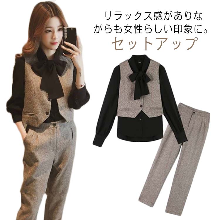 パンツスーツ セットアップ パンツ レディース 卒業式 カジュアル フォーマル スーツ 母 入学式 着痩せ 入学式 おしゃれ 卒園式 ママ 発表会 スーツ 黒 ブラウス ジレベスト パンツ レディース