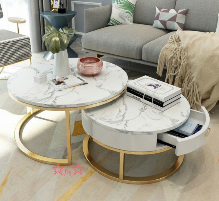 高級 寝室用テーブル 人造大理石 ローテーブル リビングテーブル センターテーブル サイドテーブル 2点セット