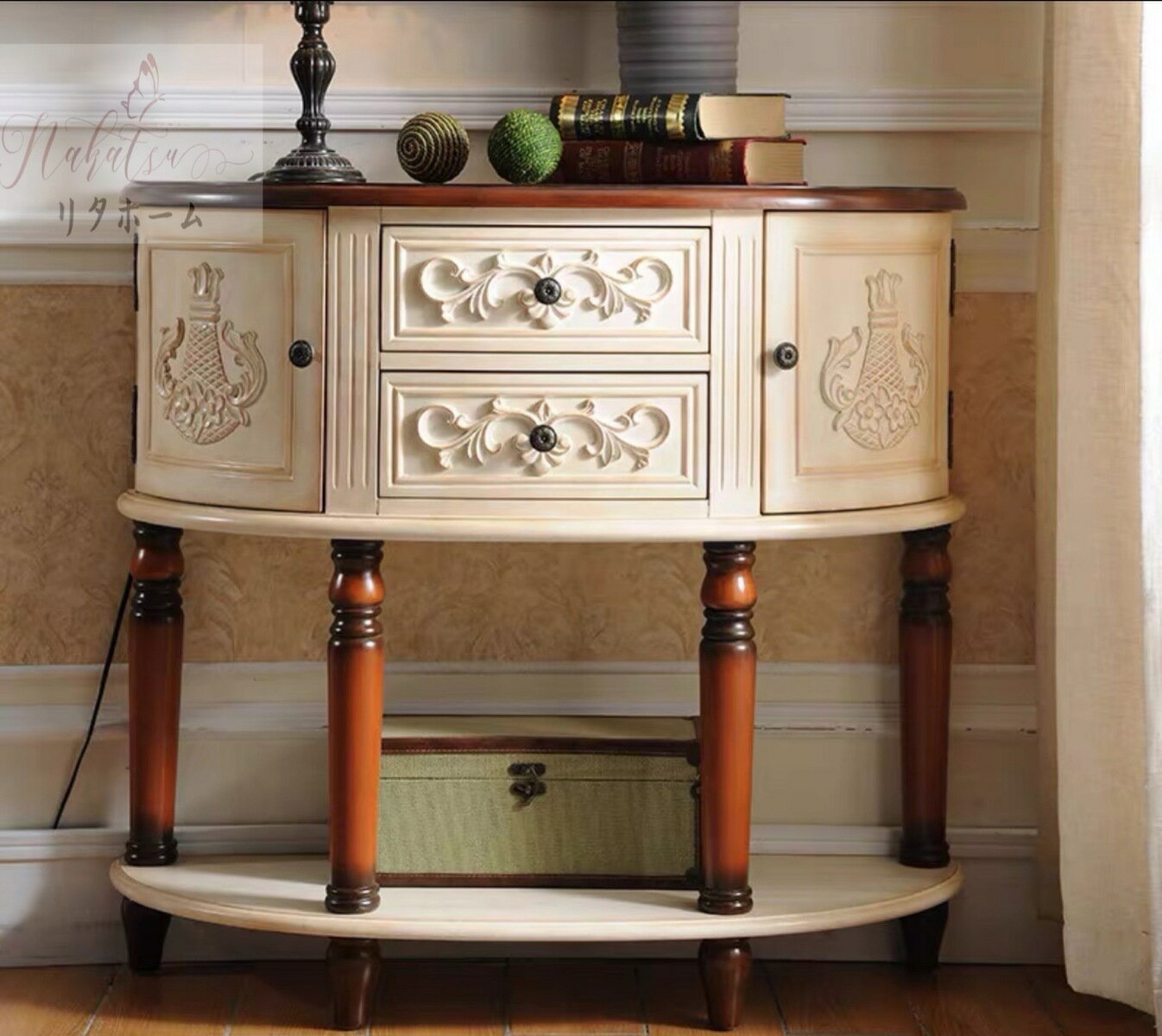 高級コンソールテーブル 玄関テーブル 花台 アンティーク調デザイン 幅100cm 西洋調コンソールテーブル【商品仕様】本体寸法：幅100 ×奥行35 ×高さ91cm商品状態：新品カラー：写真通り材質：天然木、中質繊維板、ラッカー塗装 、天然...