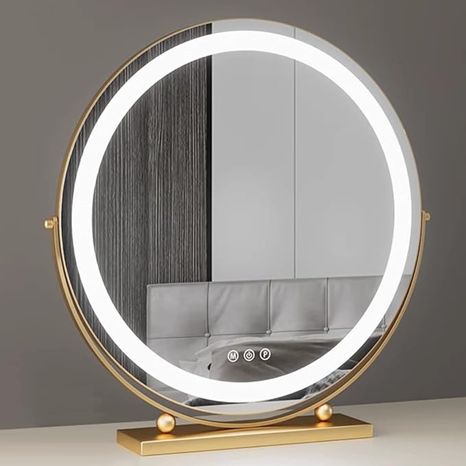 化粧鏡 40 cm 大きい トップ 角度360°調整 金属フーム 卓上鏡 女優 3色調光 LED 照明付き ハ 丸型