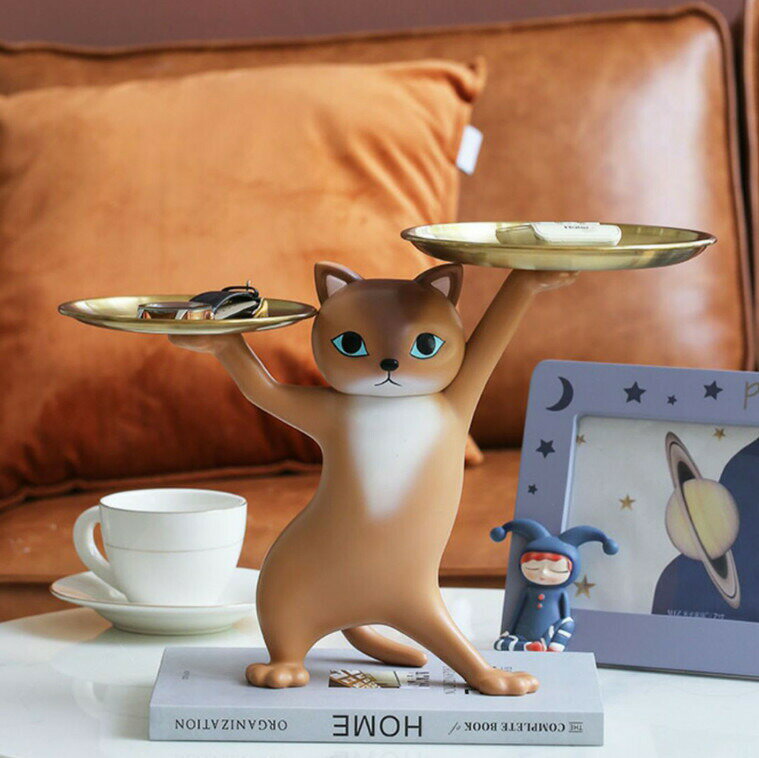 皿を捧げる ねこ 猫ちゃん ー収納 金属 鍵置き 小物収納 玄関収納 卓上置物 収納 動物像 彫刻装飾 玄関 サイト 化粧卓 口紅 財布 ャンディー皿 樹脂製品 インテア おしゃれ 動物