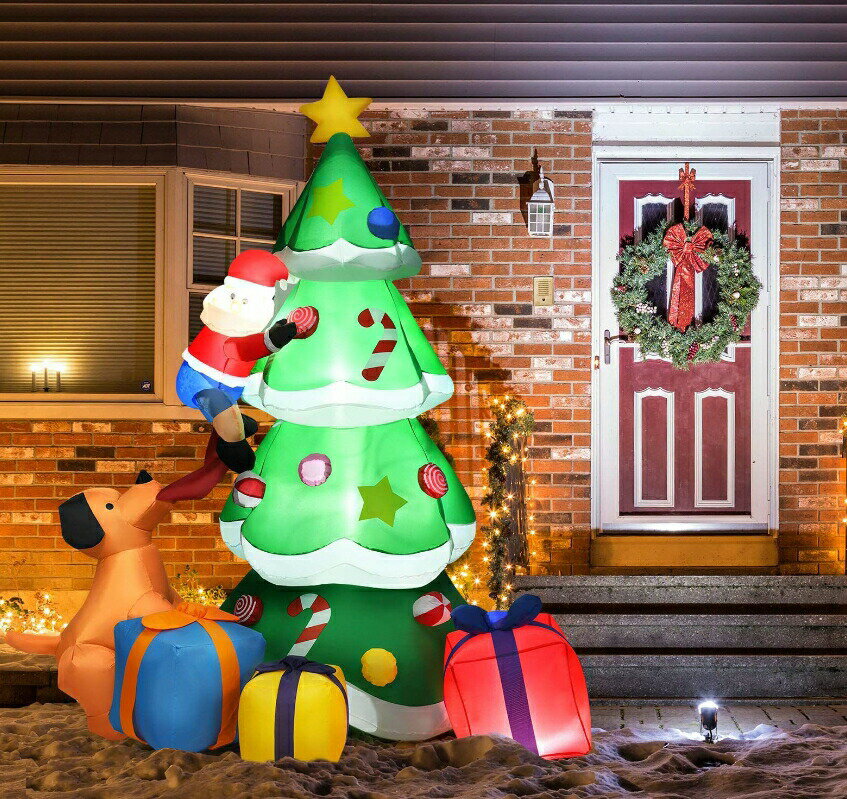 210CM クリスマスツリー エアーディスプレイ 膨張式 空気充填 「サンタクロースと犬」 特大 防水 設置簡単 エアーポンプ付き 自動膨らませる LED付き クリスマス オーナメント 雑貨 クリスマス パーティー イルミネーション 屋外設置可能