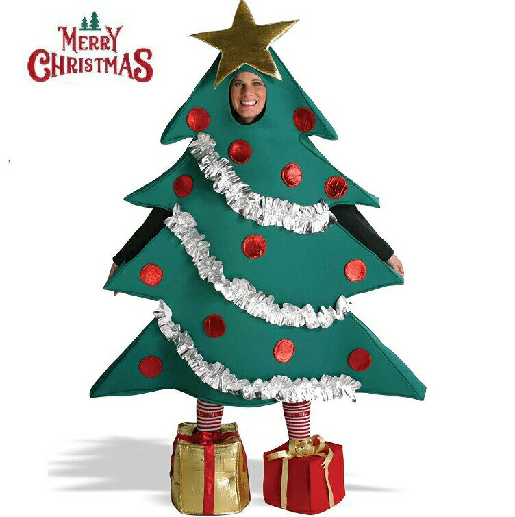 クリスマス ツリーマン ツリー プレゼント 大人用 おもしろ コスチューム コスプレ 衣装 ホリデー パーティー 女性男性コスプレ用クリスマスツリーコスチューム 靴カバー クリスマスマスカレードロールプレイ用衣装服ファンシードレ
