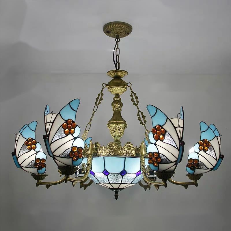 チョウチョウ ステンドグラス ペンダントライト豪華天井照明ステンドグラスランプ ガラス工芸品 高級照明 電源直結タイプ