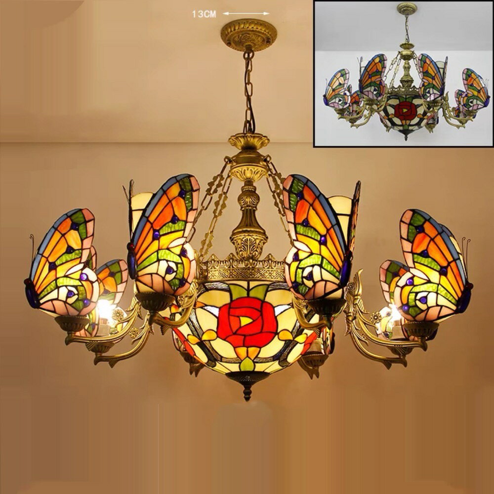 チョウチョウ ステンドグラス ペンダントライト豪華天井照明ステンドグラスランプ ガラス工芸品．高級照明 電源直結タイプ