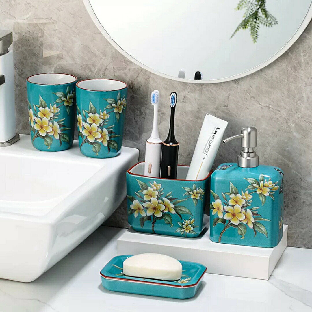 洗面用品 サニタリー5点セットディスペンサー 歯ブラシスタンド 洗面所 花柄