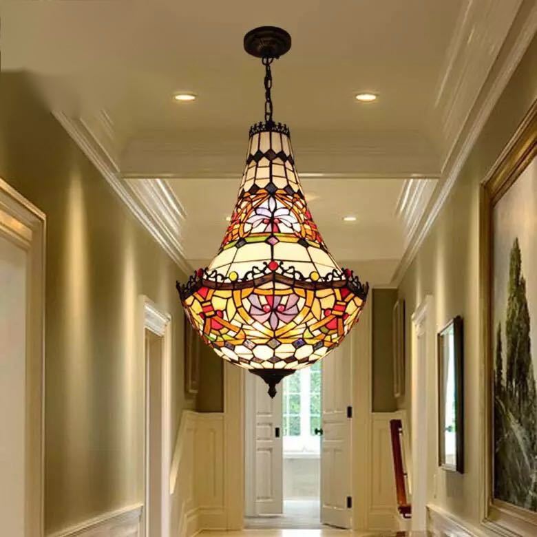 ステンドグラス ペンダントライト 豪華天井照明ステンドグラスランプ ガラス工芸品 40cm 電源直結タイプ