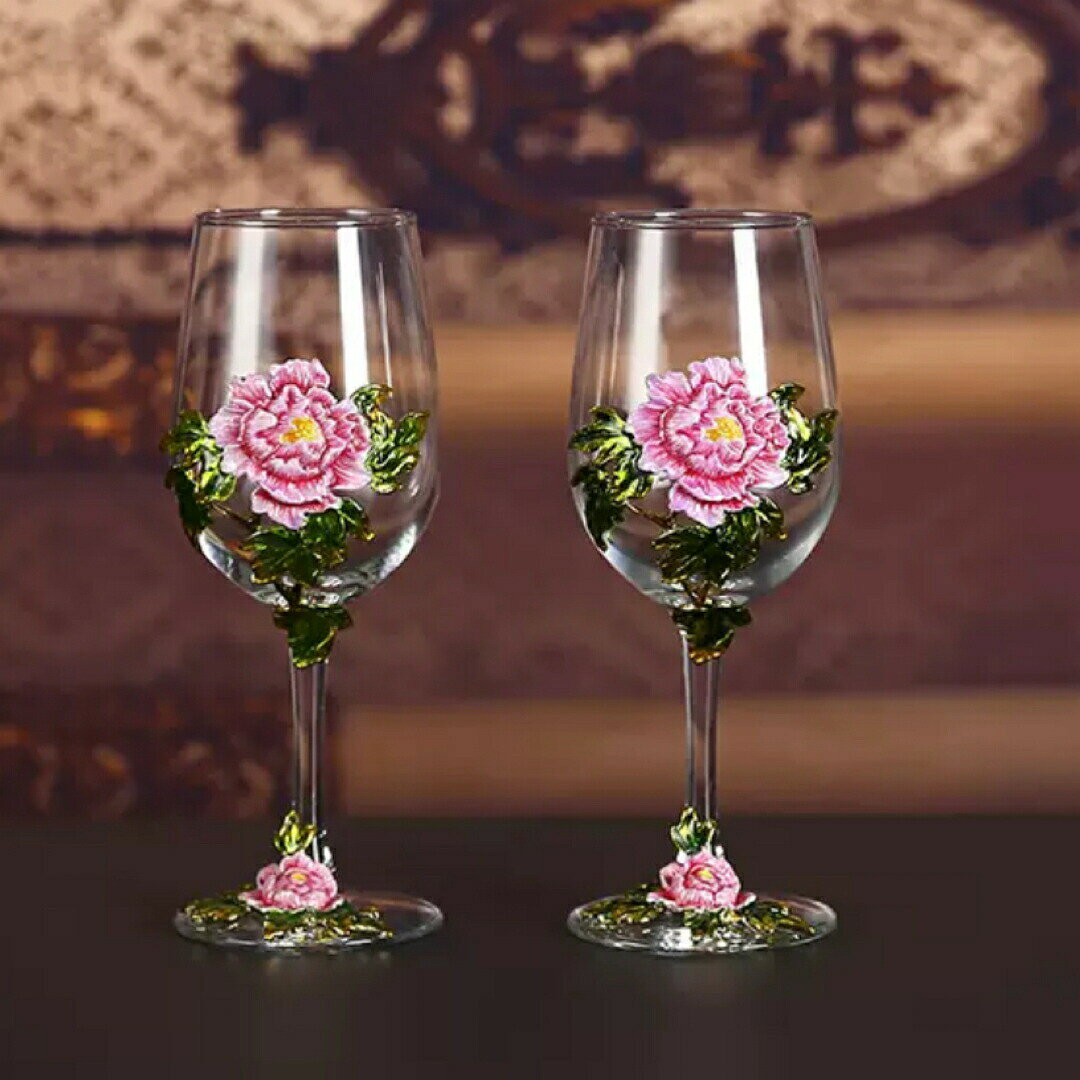 牡丹花モチーフ パープル ワイングラス ペアセット おしゃれ 花柄 ガラス製