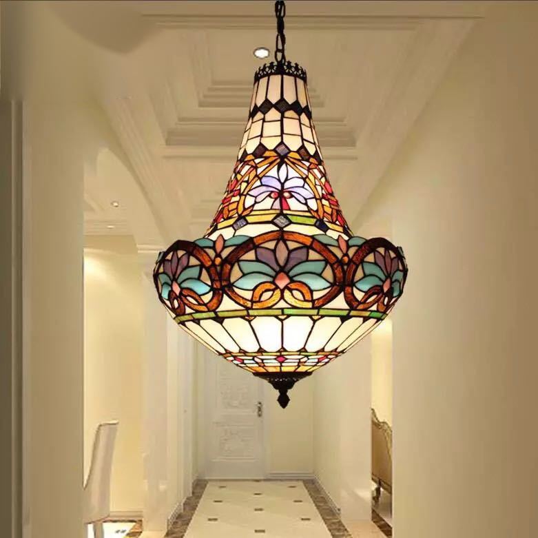 ステンドグラス ペンダントライト 豪華天井照明ステンドグラスランプ ガラス工芸品 40cm 電源直結タイプ