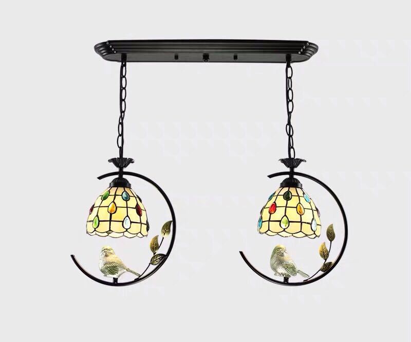 ステンドグラス．ペンダントライト豪華天井照明ステンドグラスランプ ガラス工芸品 2灯 電源直結タイプ