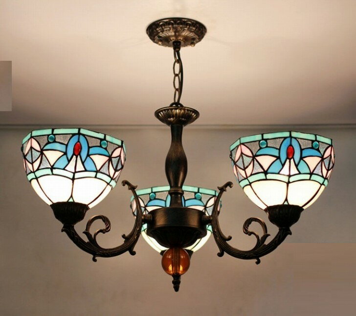 ステンドグラス．ペンダントライト豪華天井照明ステンドグラスランプ ガラス工芸品 3灯 電源直結タイプ
