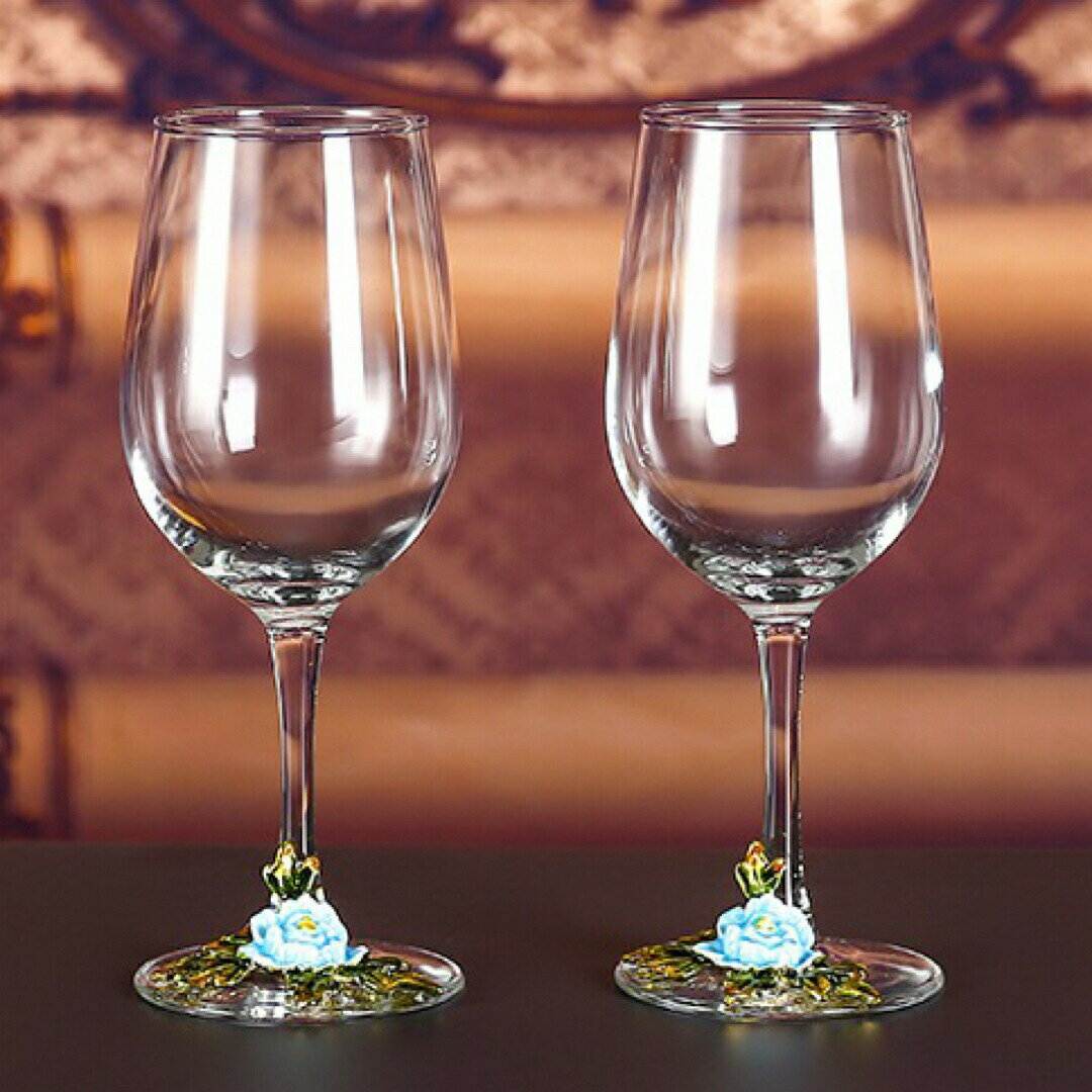 牡丹花モチーフ ブルー シンプル ワイングラス ペアセット おしゃれ花柄ガラス製