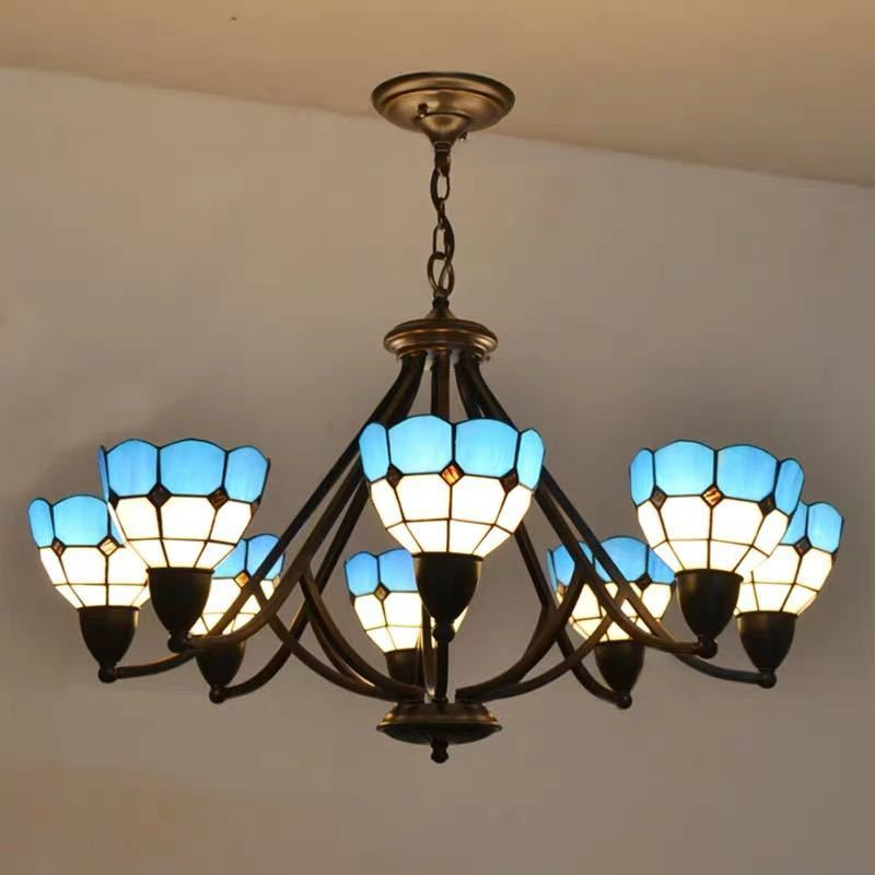 ステンドグラス ペンダントライト．豪華天井照明ステンドグラスランプ ガラス工芸品 5灯 電源直結タイプ