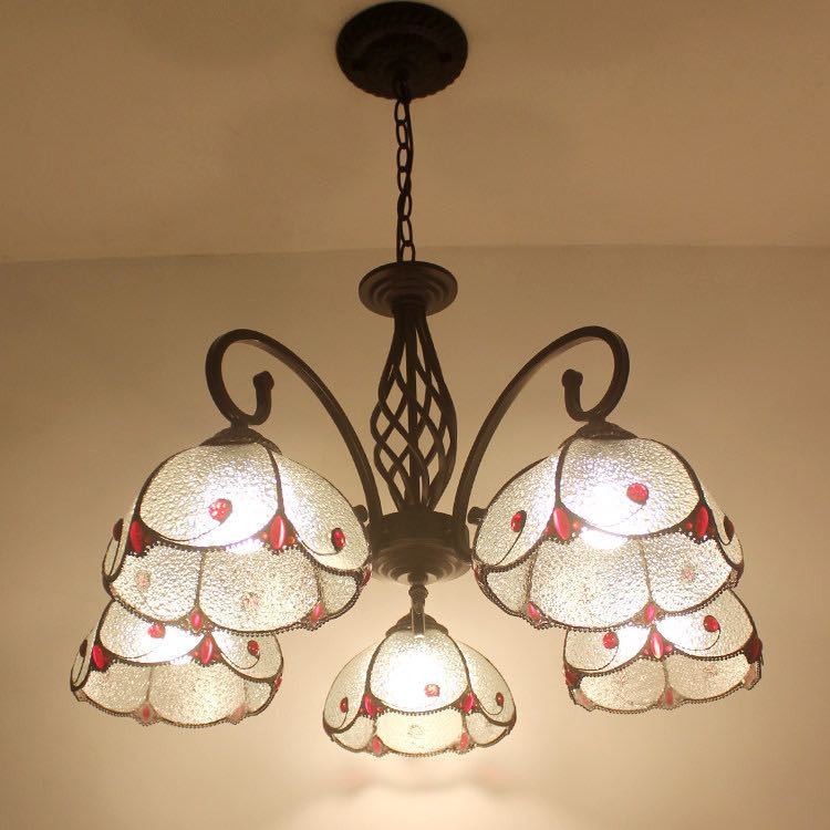 ステンドグラス ペンダントライト 豪華天井照明ステンドグラスランプ ガラス工芸品 5灯 電源直結タイプ