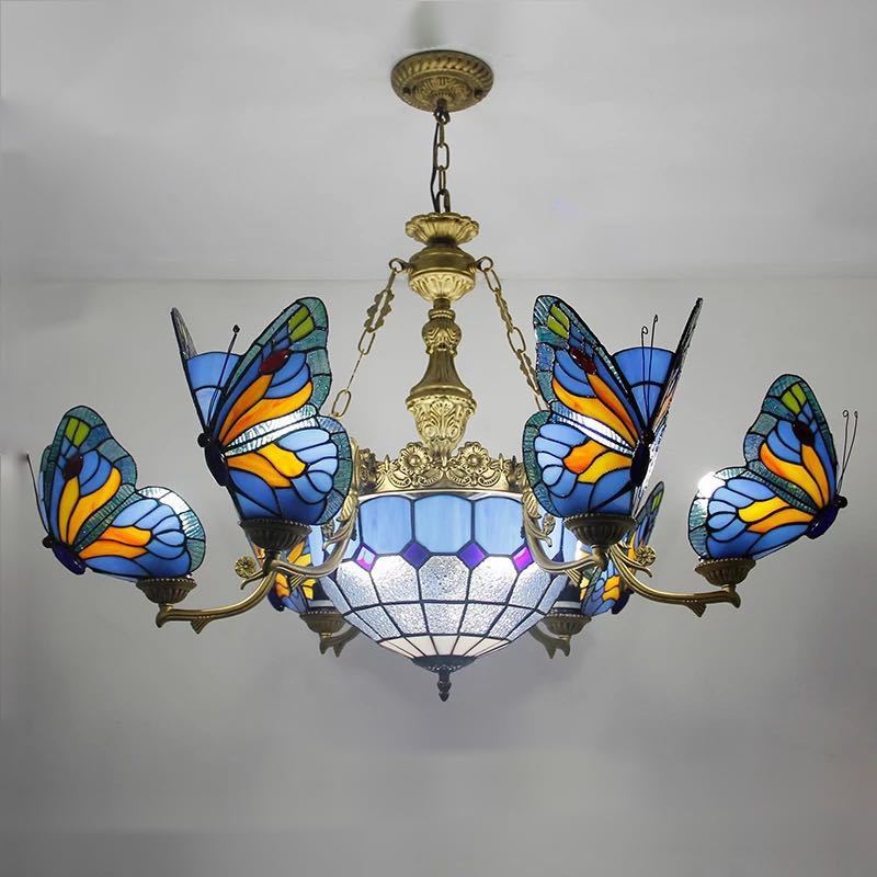 チョウチョウ ステンドグラス ペンダントライト豪華天井照明ステンドグラスランプ ガラス工芸品 高級照明 9灯 電源直結タイプ