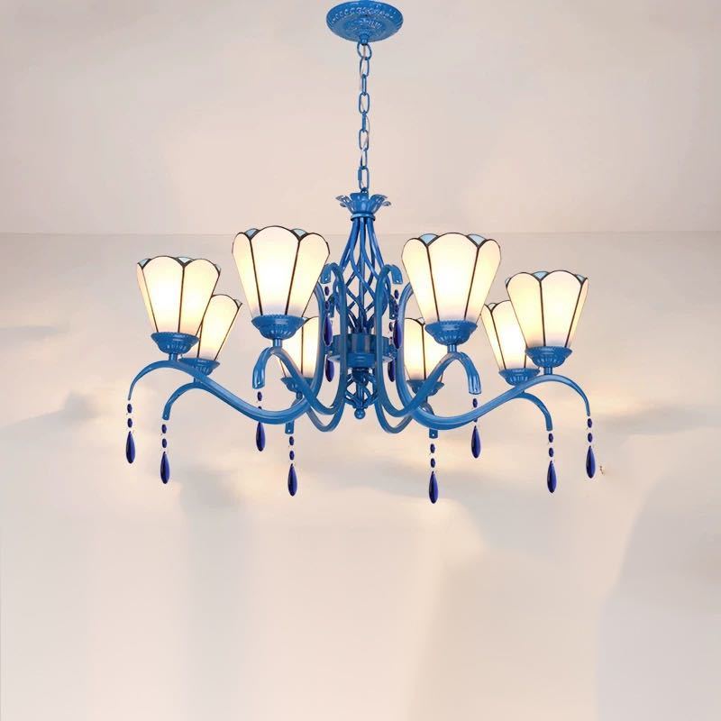 天井照明ステンドグラス ペンダントライト ．ステンドグラスランプ ガラス工芸品 8灯 電源直結タイプ