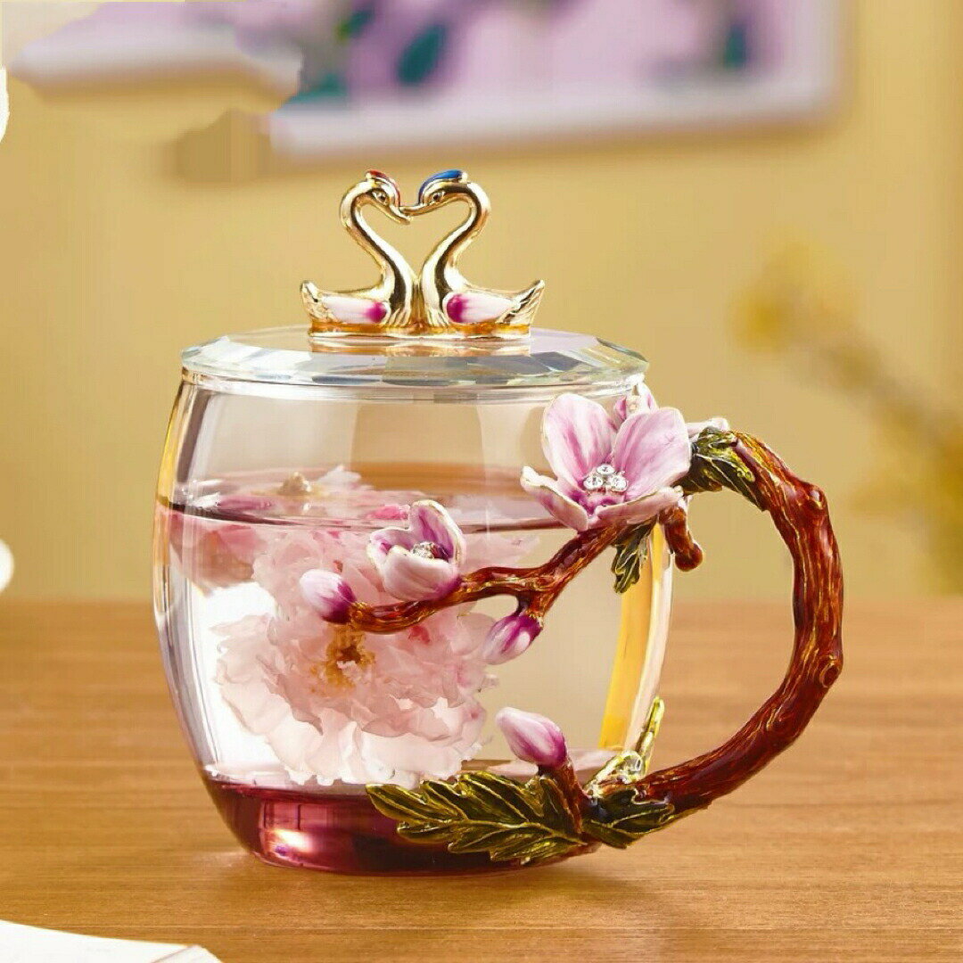 エレガントガラスマグカップ 蓋＆スプーン付き 花柄デザイン 320ml