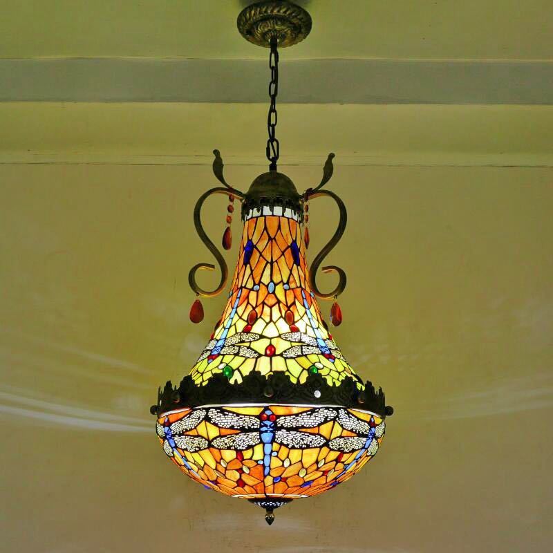 ステンドグラス ペンダントライト 豪華天井照明ステンドグラスランプ ．ガラス工芸品 40cm 電源直結タイプ