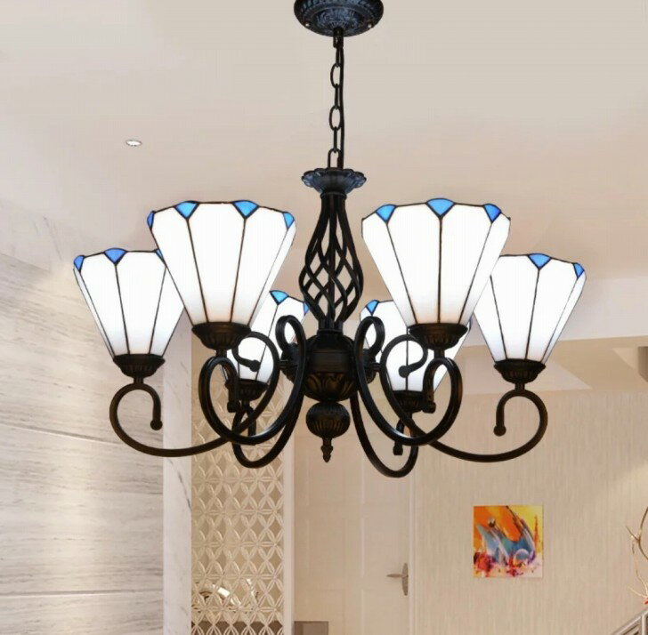 4ステンドグラス．ペンダントライト豪華天井照明ステンドグラスランプ ガラス工芸品 6灯 電源直結タイプ