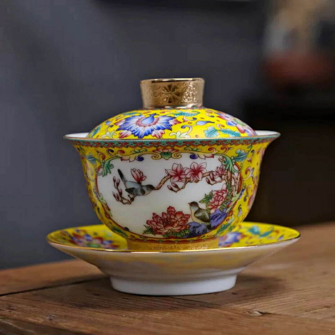 蓋碗　琺瑯彩 茶杯セット 茶器　三才碗 花柄 耐熱 陶磁器 1客