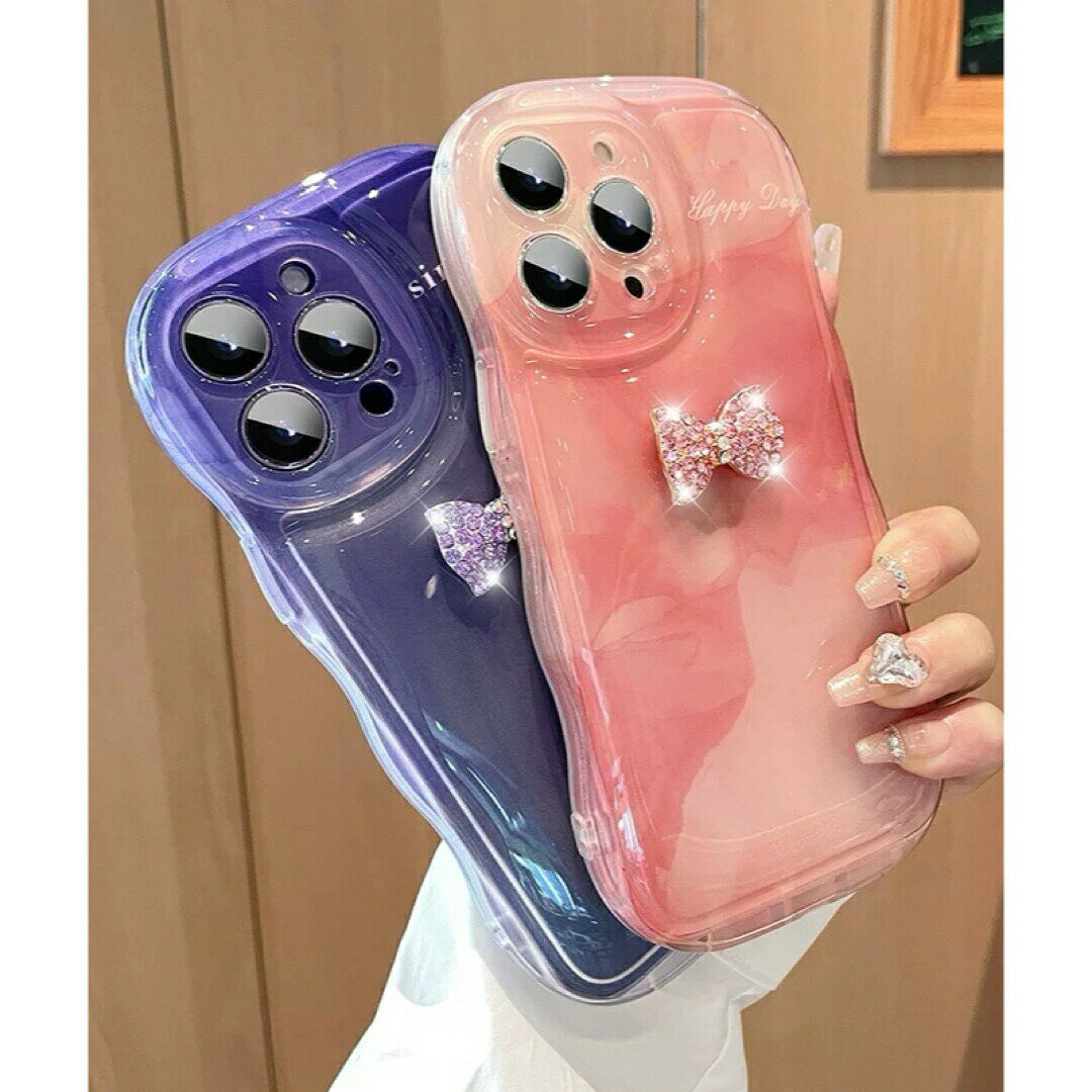 12色 3Dリボン付き グラデーションキラキラビジューiPhoneケース