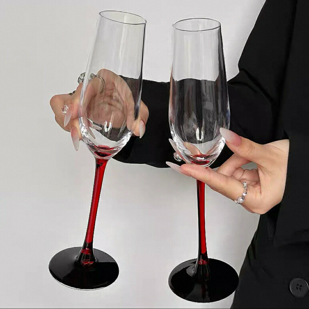エレガント クリアレッド＆ブラック シャンパングラス 2個セット 高級感モダン