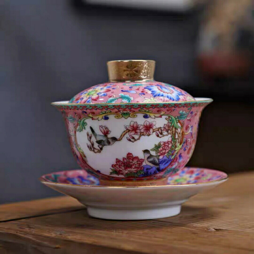 蓋碗　琺瑯彩 茶杯セット 茶器　三才碗 花柄 耐熱 陶磁器 1客