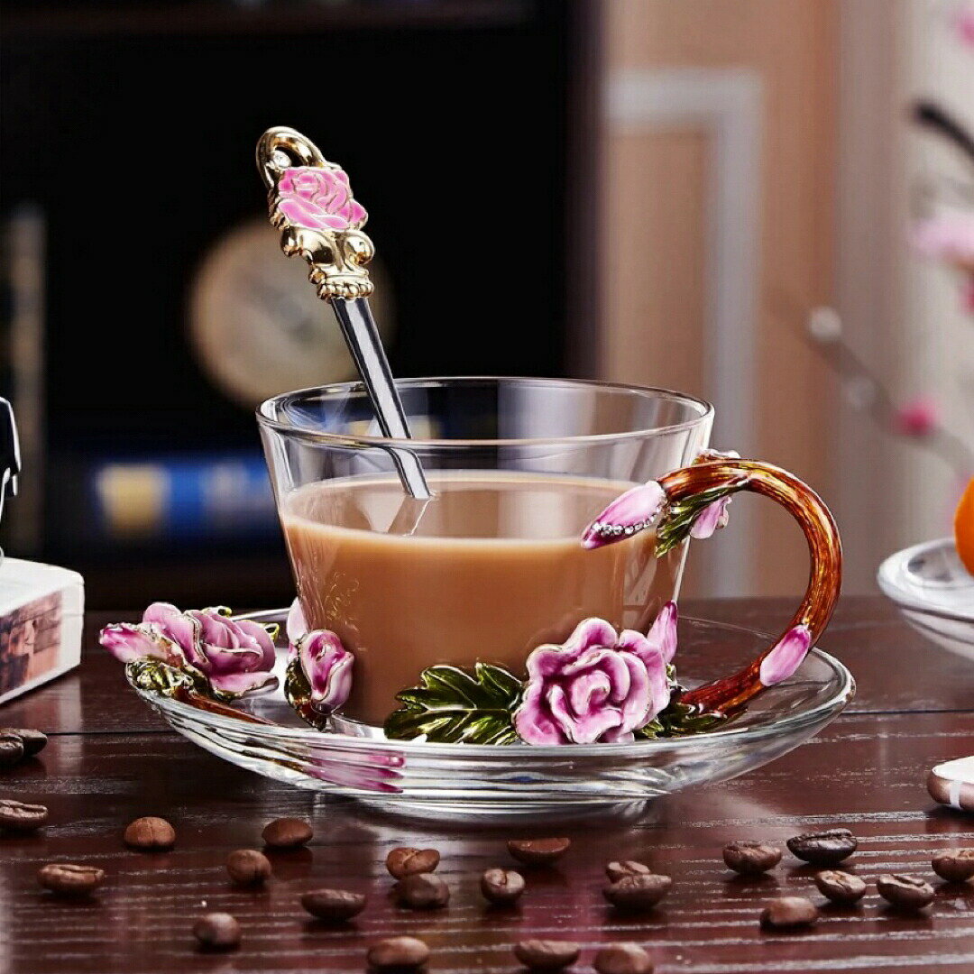 ガラス製 ティーコーヒーカップ カップ＆ソーサー1客 花柄 琺瑯彩 カップ