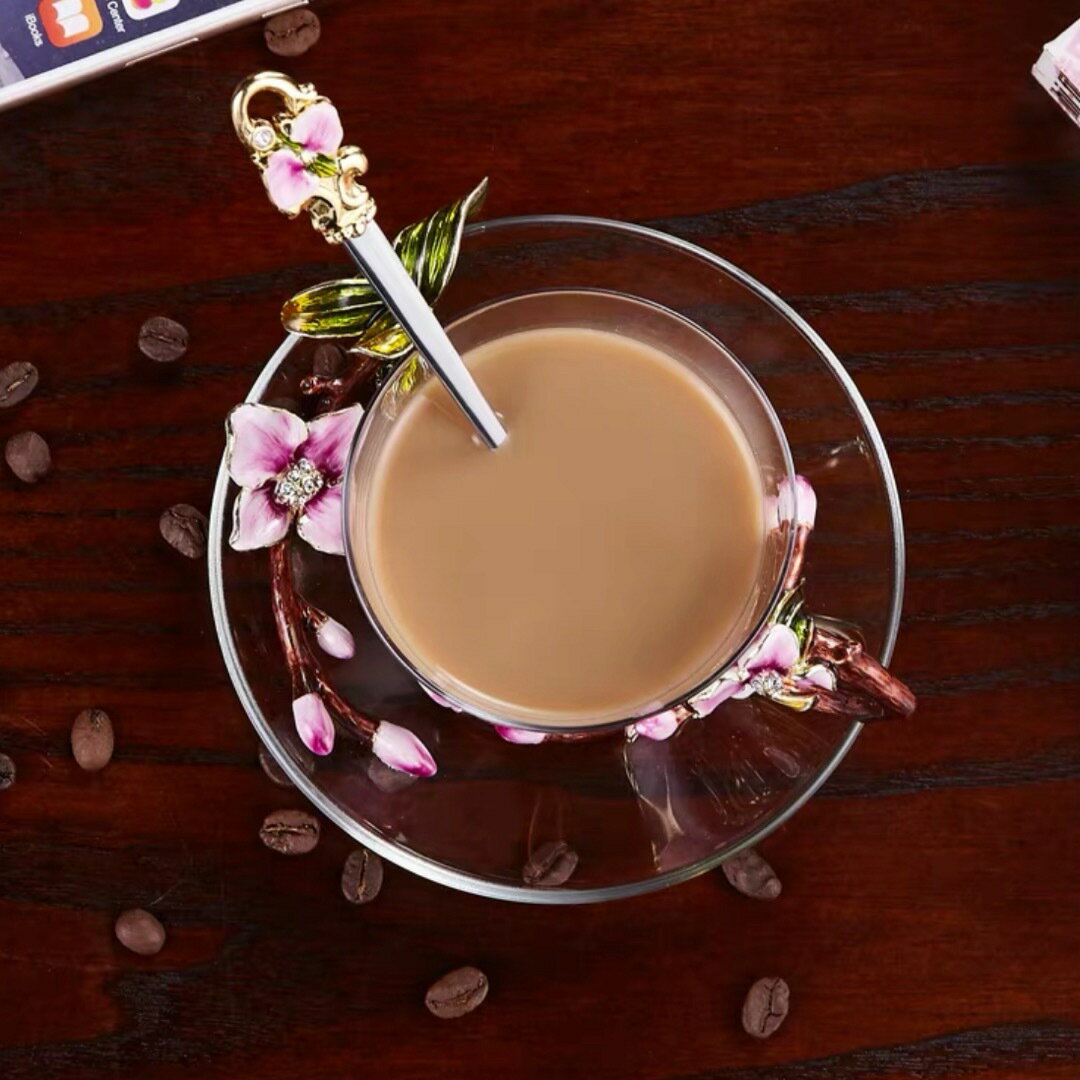 ガラス製 ティーコーヒーカップ カップ＆ソーサー1客 花柄 琺瑯彩 カップ