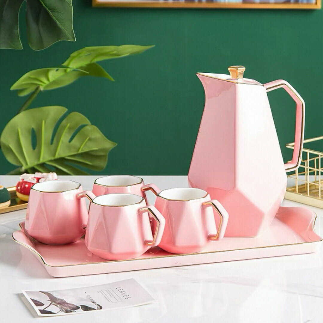 北欧風ピンク ティーセット カップコップ ティーポット トレイ付き 高級感