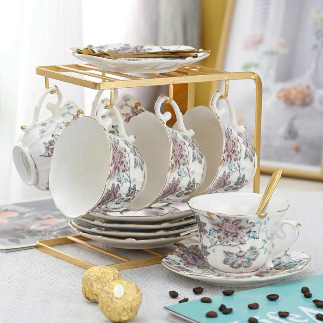 ティーカップセット 花柄 陶器 高級感 カップ＆ソーサー 6客コーヒーカップ（スタンドなし）