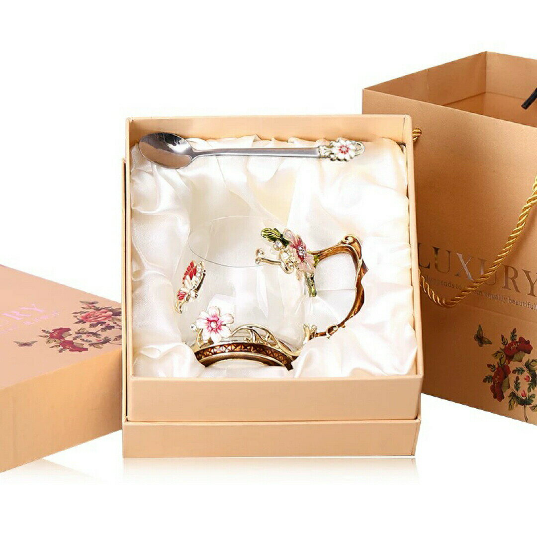 ガラス製ティー・コーヒーカップセット ~カップ2点セット 花柄 琺瑯彩カップ