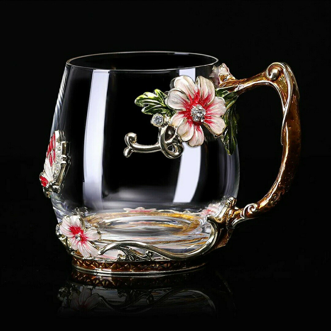 ガラス製ティー・コーヒーカップセット ~カップ2点セット 花柄 琺瑯彩カップ
