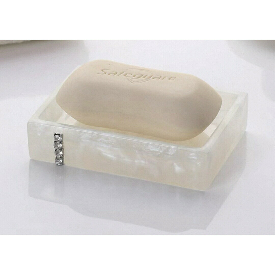 パールホワイト 石けん置き ラインストーン付き 高級感デザイン 水切りトレイ付き