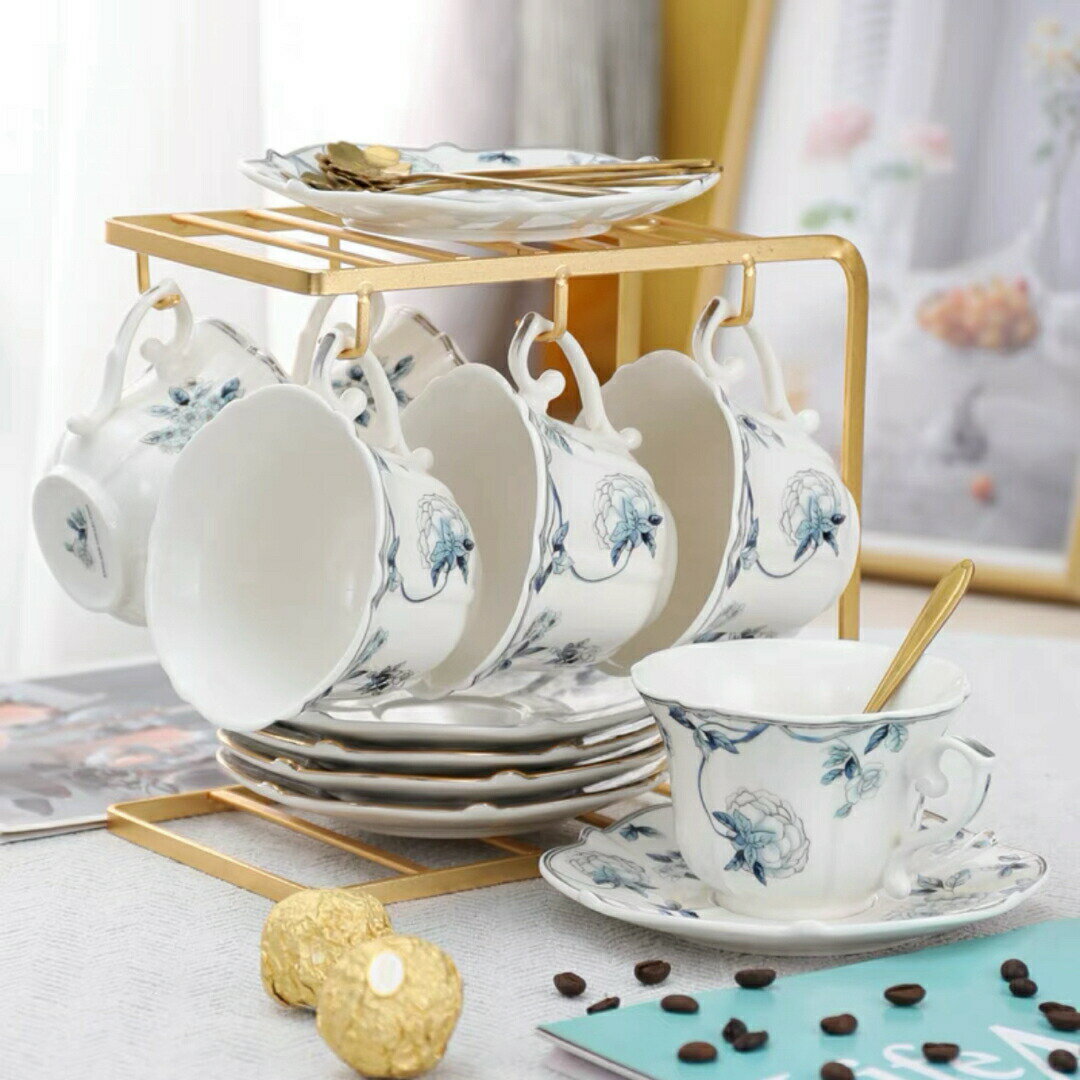 西洋調ティーカップセット 花柄陶器 高級感 カップ＆ソーサー 6客コーヒーカップ