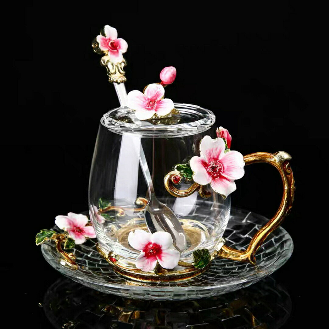 ガラス製ティーコーヒーカップ カップ＆ソーサー1客 花柄 琺瑯質彩カップ