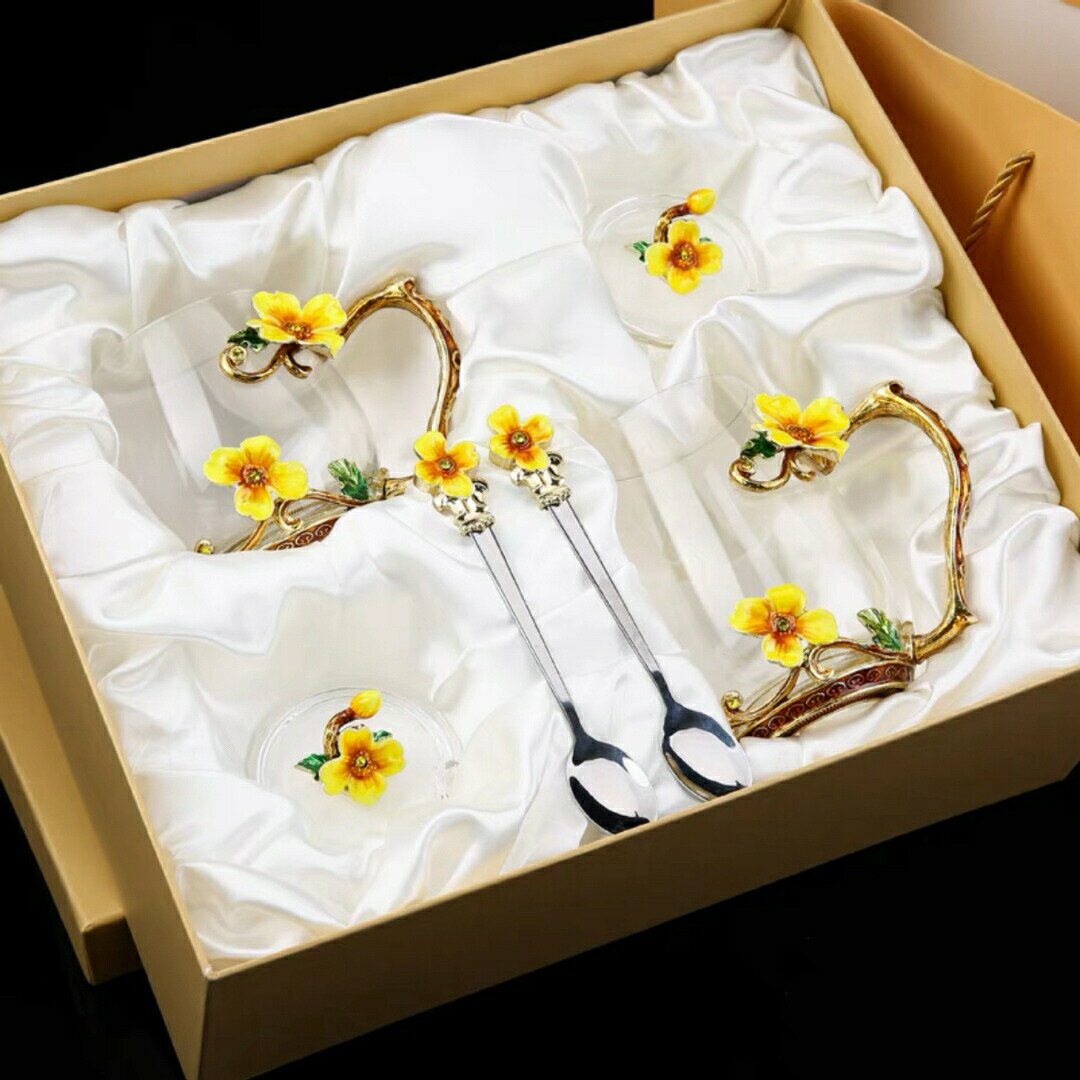 ガラス製ティーコーヒーカップ カップ＆ソーサー2客 花柄 琺瑯質彩カップ