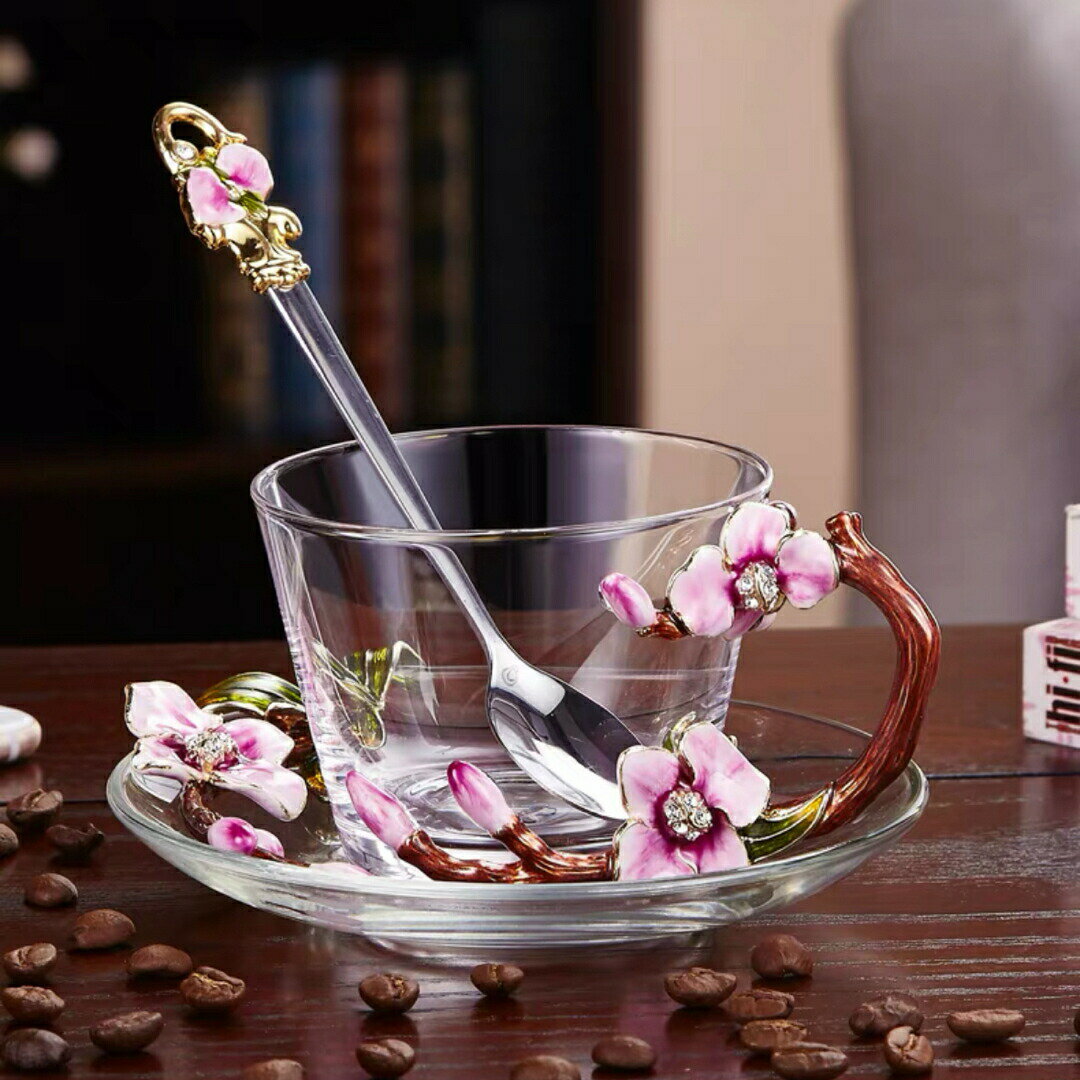 ガラス製ティーコーヒーカップ カップ＆ソーサー1客 花柄 琺瑯質彩カップ