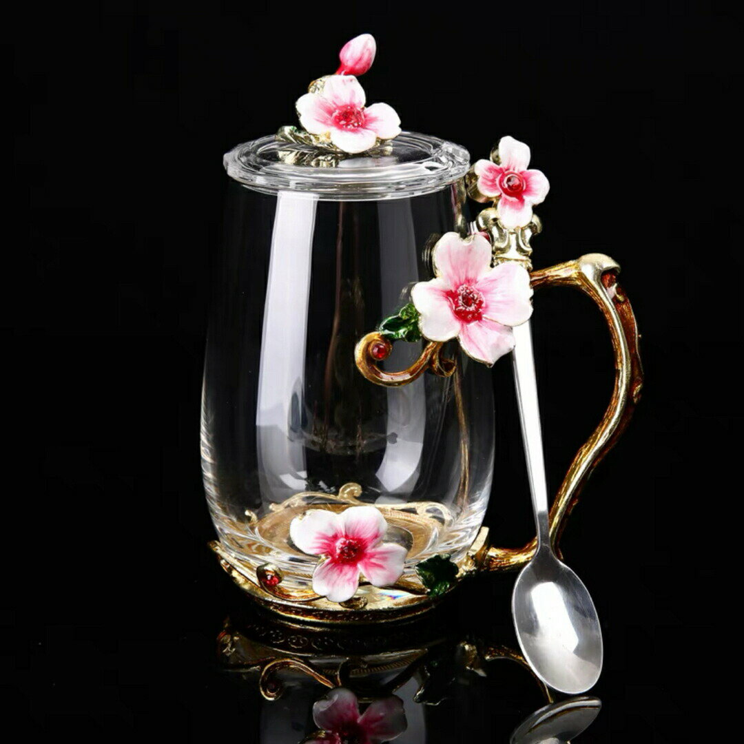 ガラス製ティーコーヒーカップ カップ＆ソーサー2客 花柄 琺瑯質彩カップ