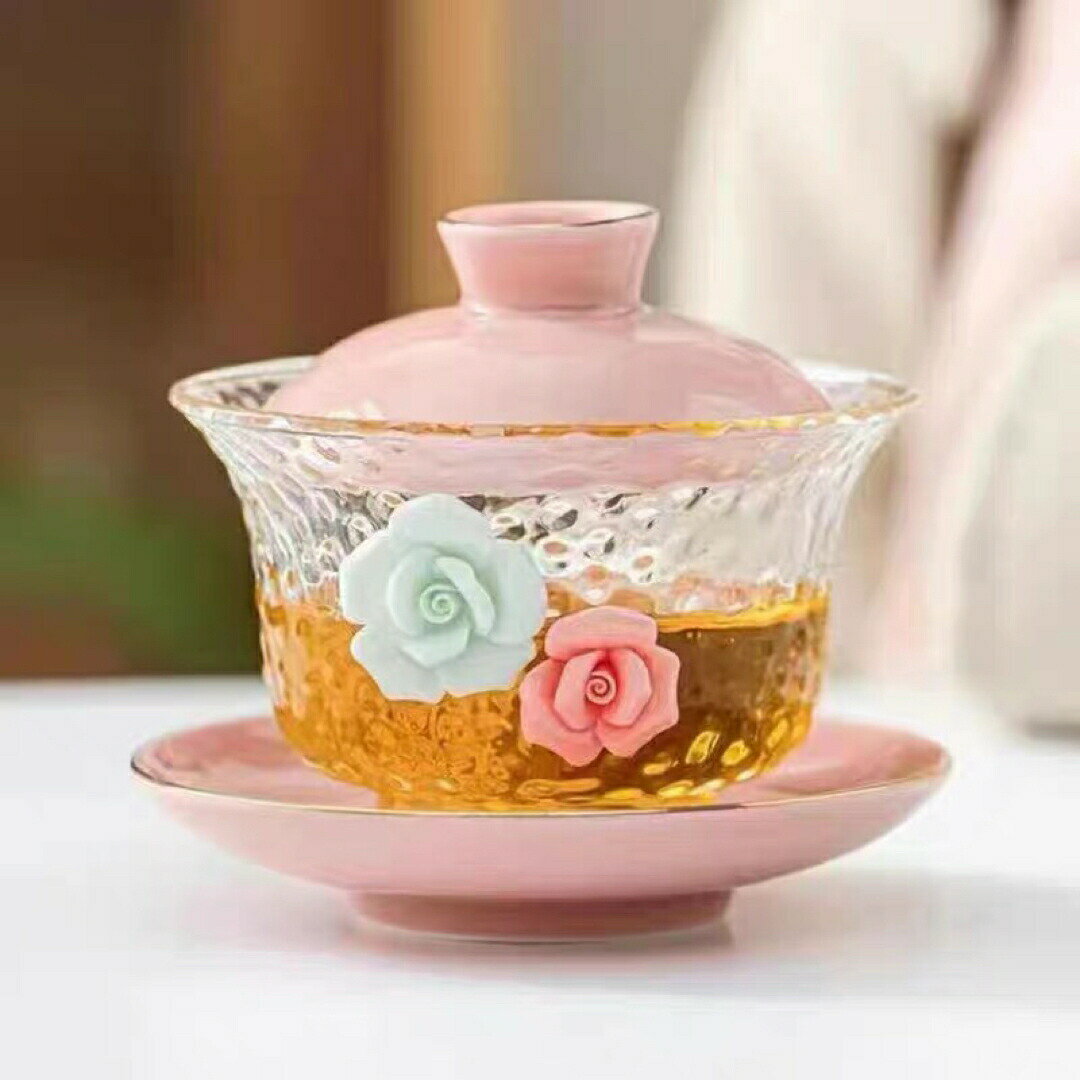 蓋碗 茶杯セット 耐熱ガラス製の中国茶器 1客 バラ薔薇
