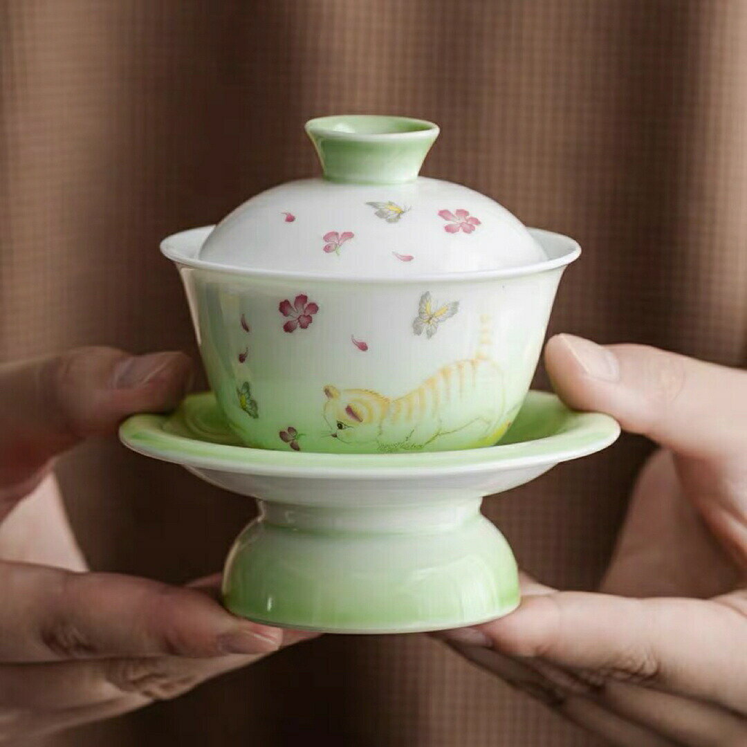 蓋碗 茶杯セット おしゃれ 花柄 猫 耐熱磁陶器製の中国茶器 1客