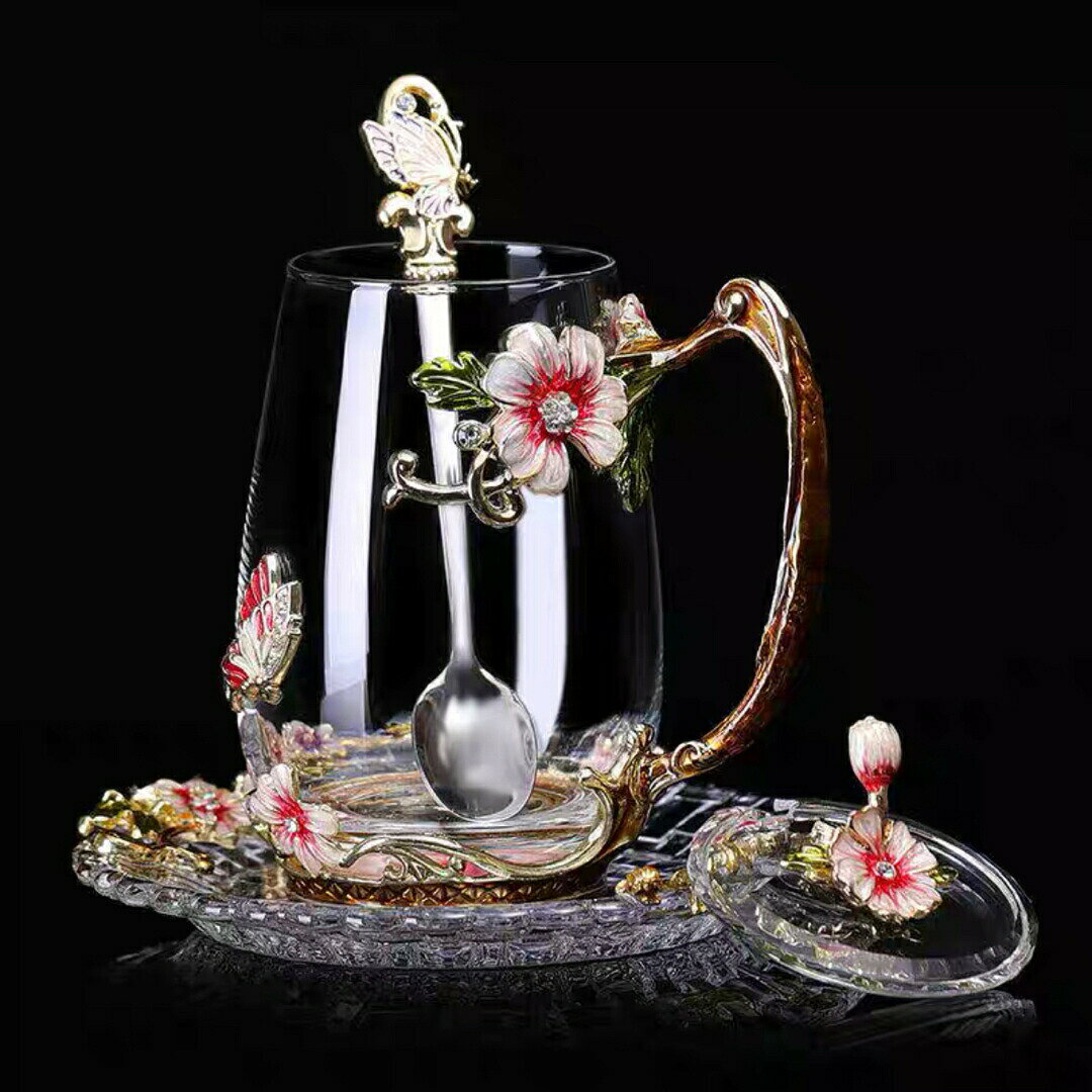 ガラス製ティー・コーヒーカップセットカップ＆ソーサー1客 琺瑯彩カップ 花柄