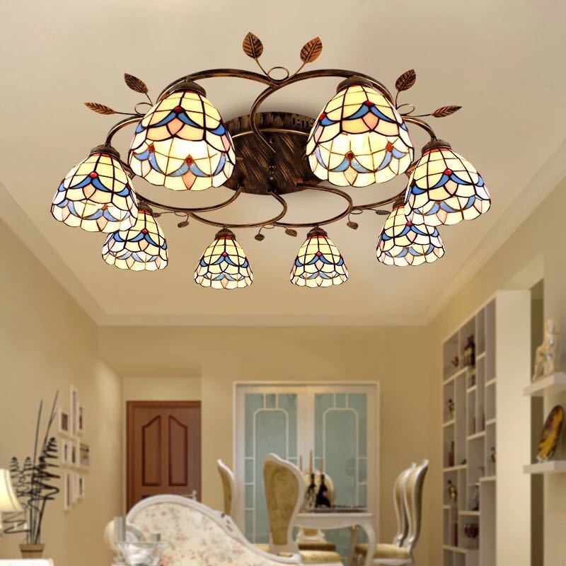 ステンドグラス．ペンダントライト豪華天井照明ステンドグラスランプ ガラス工芸品． 電源直結タイプ