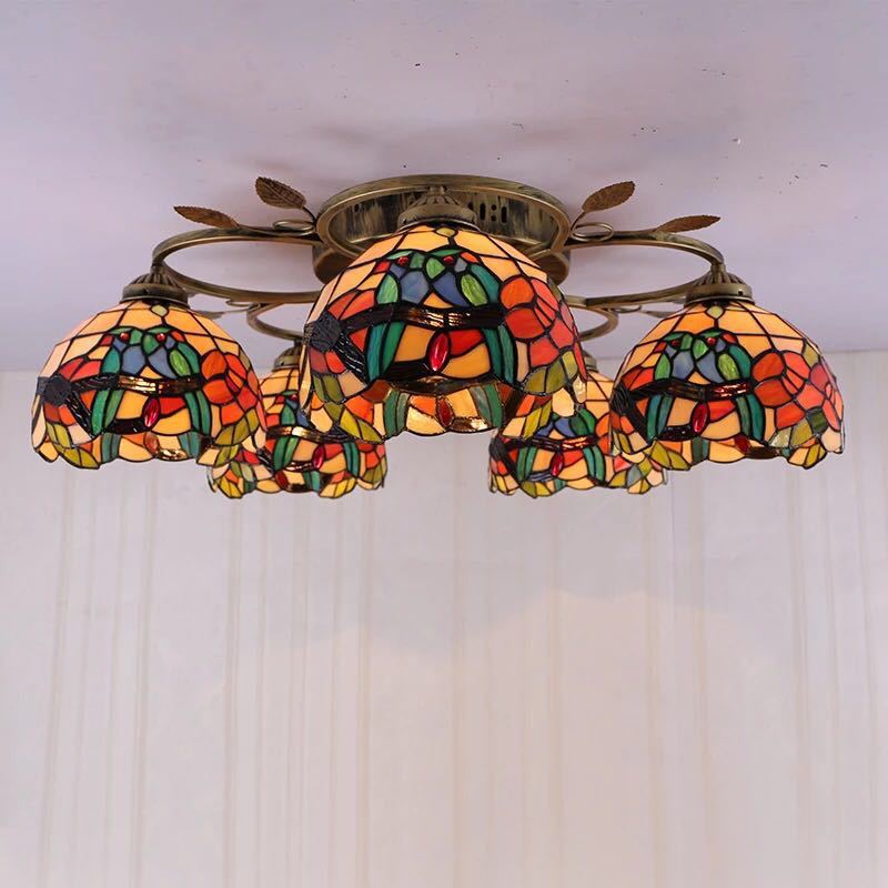 ステンドグラス．ペンダントライト 豪華天井照明ステンドグラスランプ ガラス工芸品 電源直結タイプ