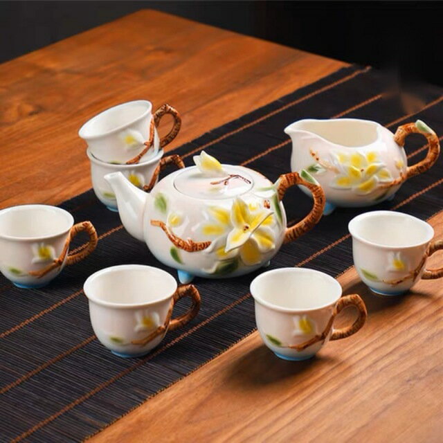 6客茶器揃 湯呑 急須 ポット 茶器セット ティーセット~立体花