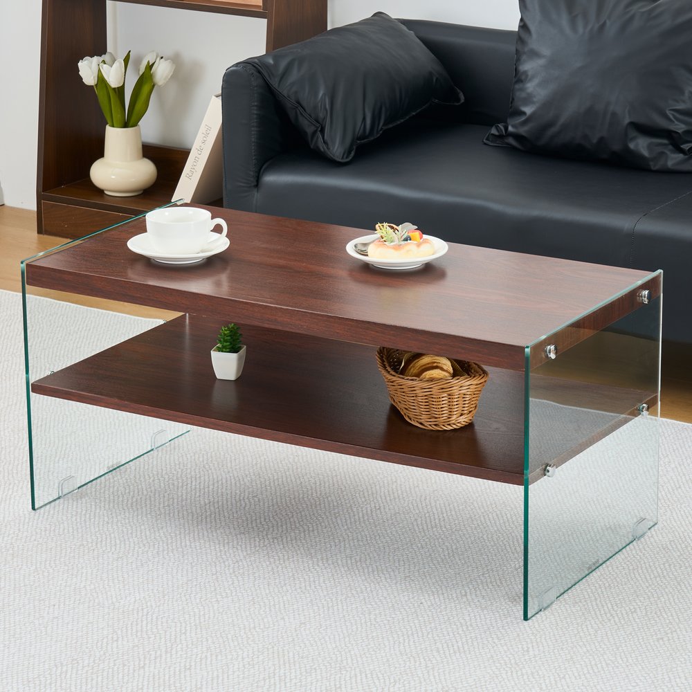 リビングテーブル センターテーブル コーヒーテーブル ローテーブル 収納 モダン長方形MDF天板×強化ガラス脚 ダークブラウンProduct Features【ゴールデンサイズデザイン】幅90cm×奥行き45cm×高さ42.3cm（標準コー...