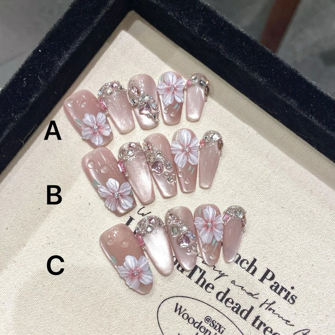 選べる3デザイン ネイルチップ ピンクパール×立体フラワー×ビジュー姫系ガーリー