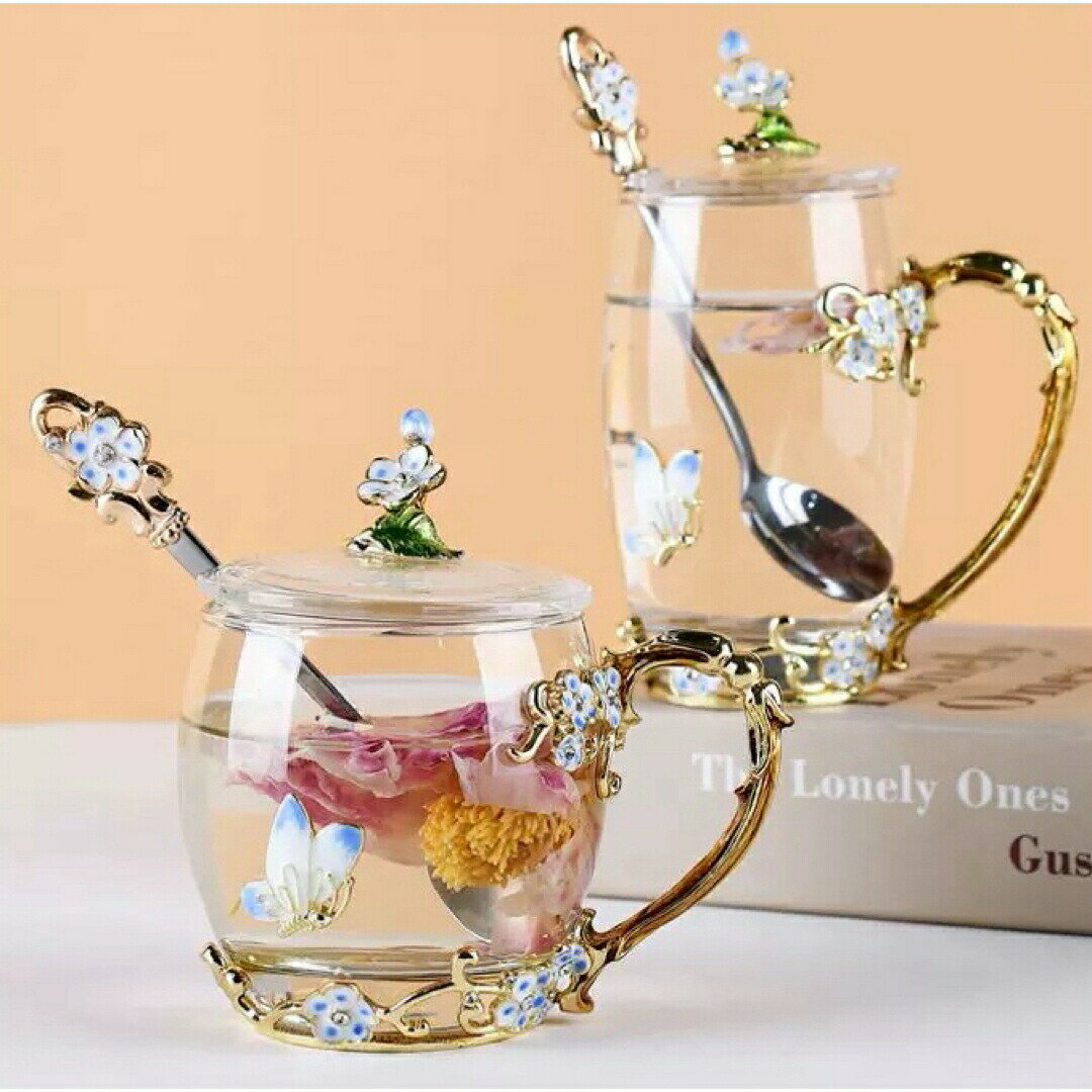 Other - 花柄 コーヒーカップ ガラス製 ティーカップ 2客セット食器 コーヒーカップ